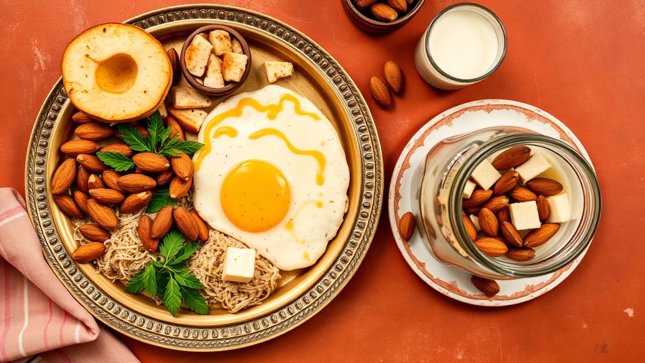 Indian breakfast spread with paneer, sprouts, almonds and a protein-rich jar meal