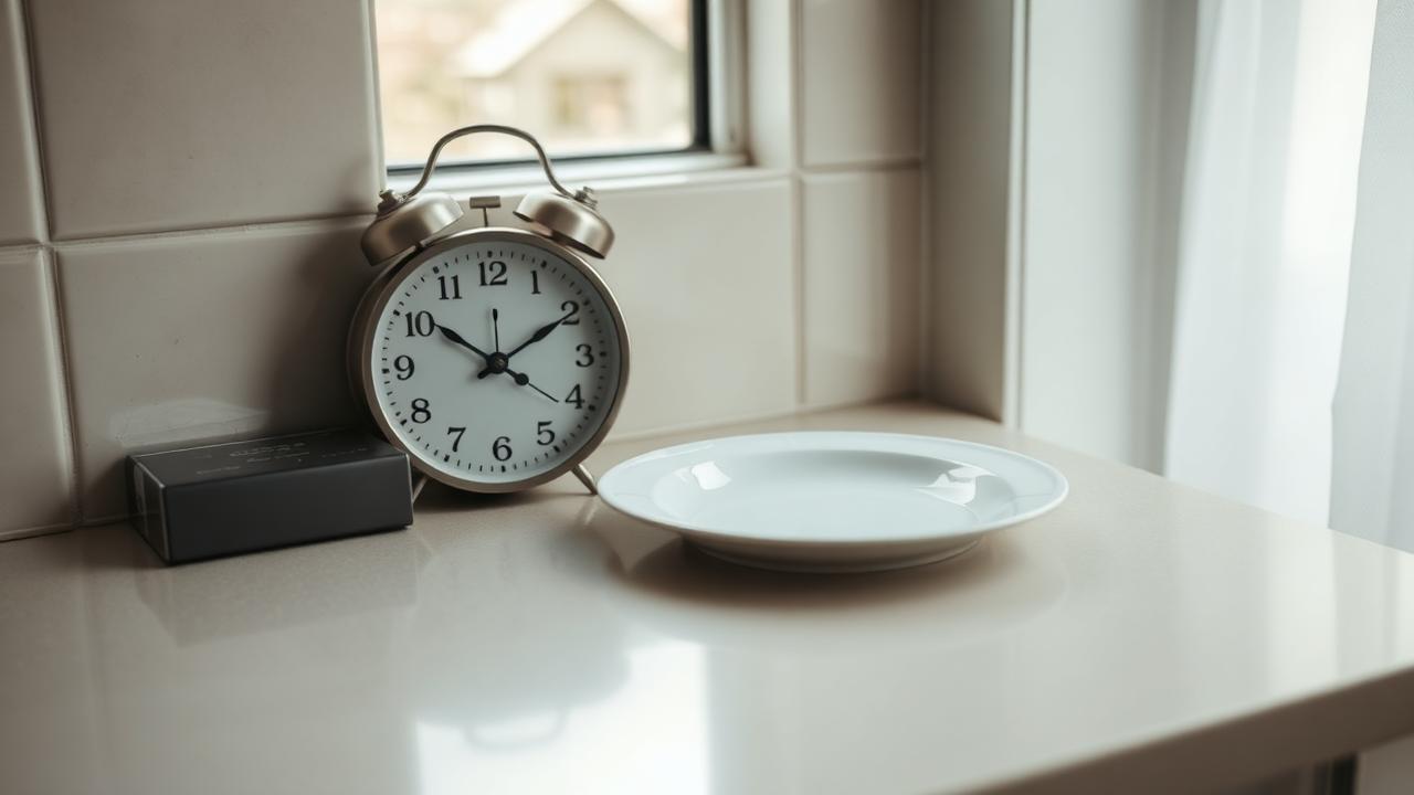 Empty plate beside an alarm clock showing late morning, suggesting a skipped breakfast