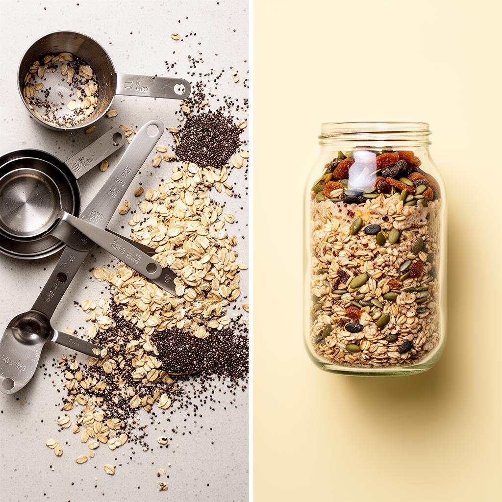 Comparison flat lay of measuring cups and scattered oats next to a ready jar of multigrain breakfast