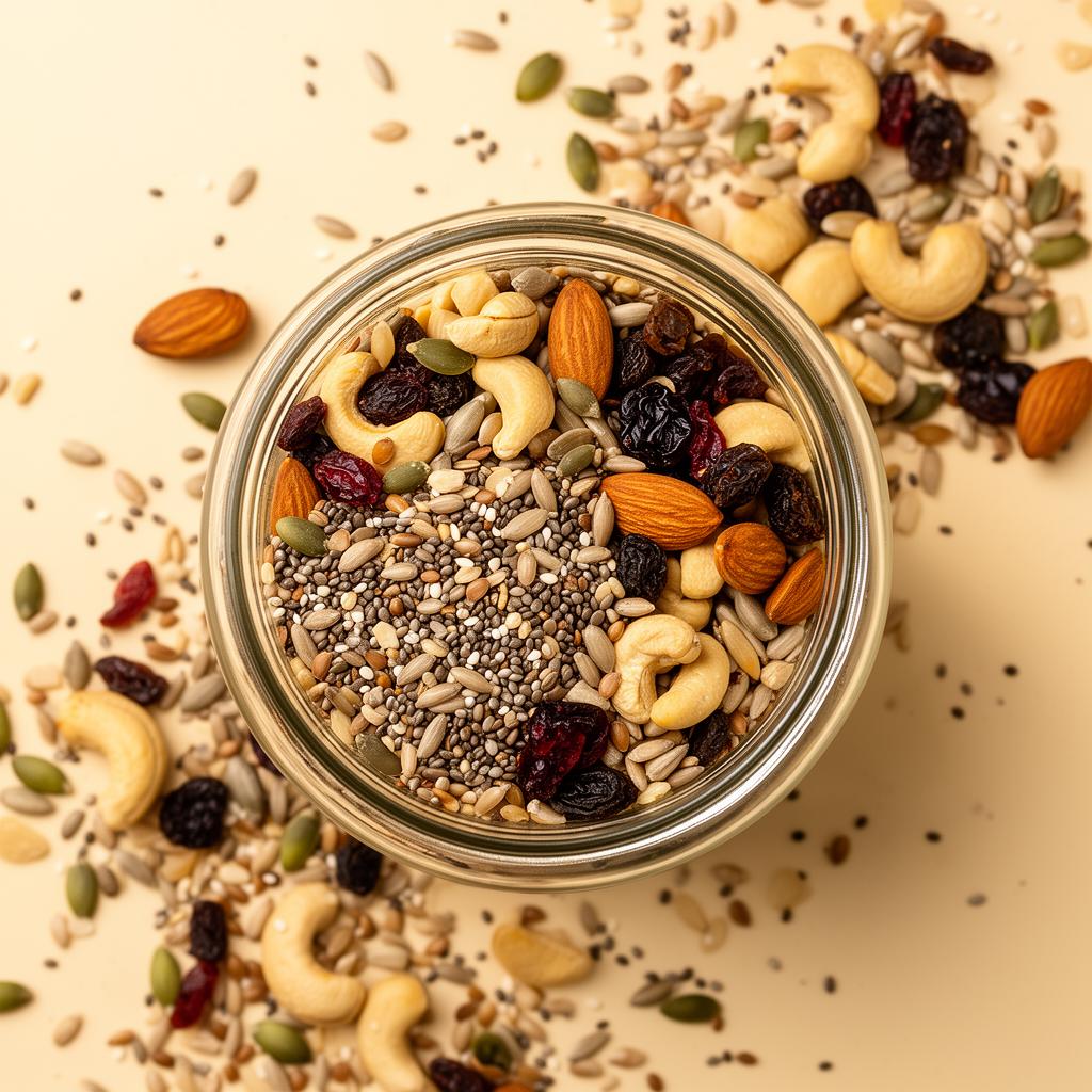 Glass jar of multigrain breakfast packed with seeds, almonds, cashews and raisins
